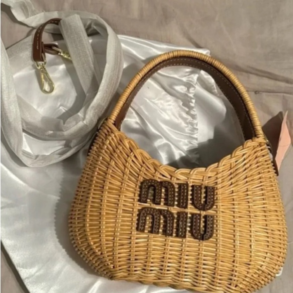 Miu Miu Woven Rattan Shoulder Bag in Tan with Brown Logo